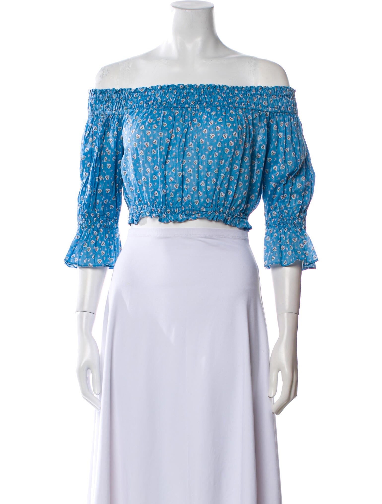 LoveShackFancy Printed Off-The-Shoulder Crop Top