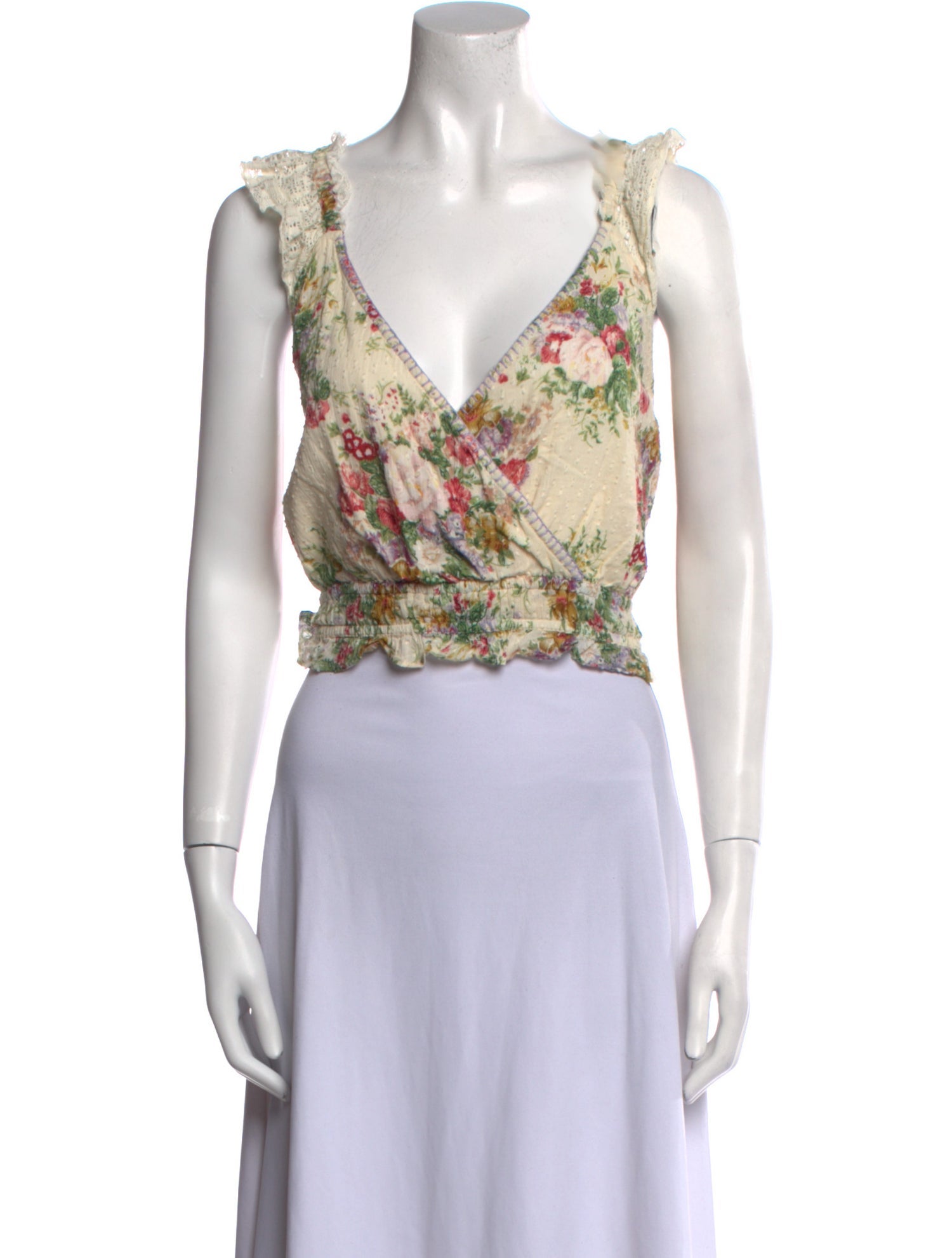 LoveShackFancy Floral Print V-Neck Crop Top