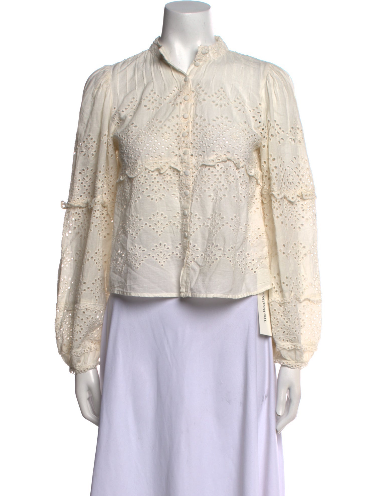 LoveShackFancy Lace Pattern Mock Neck Blouse