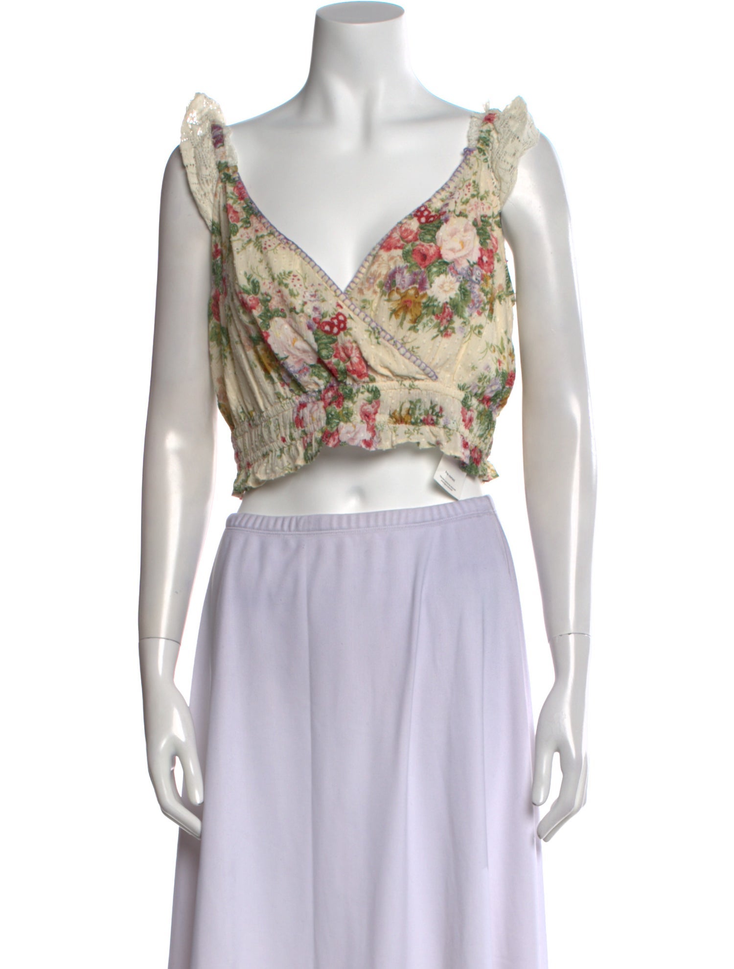 LoveShackFancy Floral Print V-Neck Crop Top
