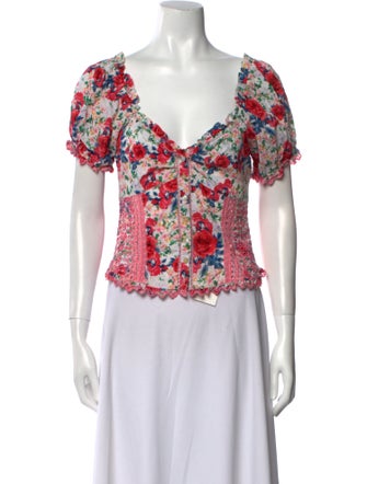 LoveShackFancy Floral Print V-Neck Crop Top