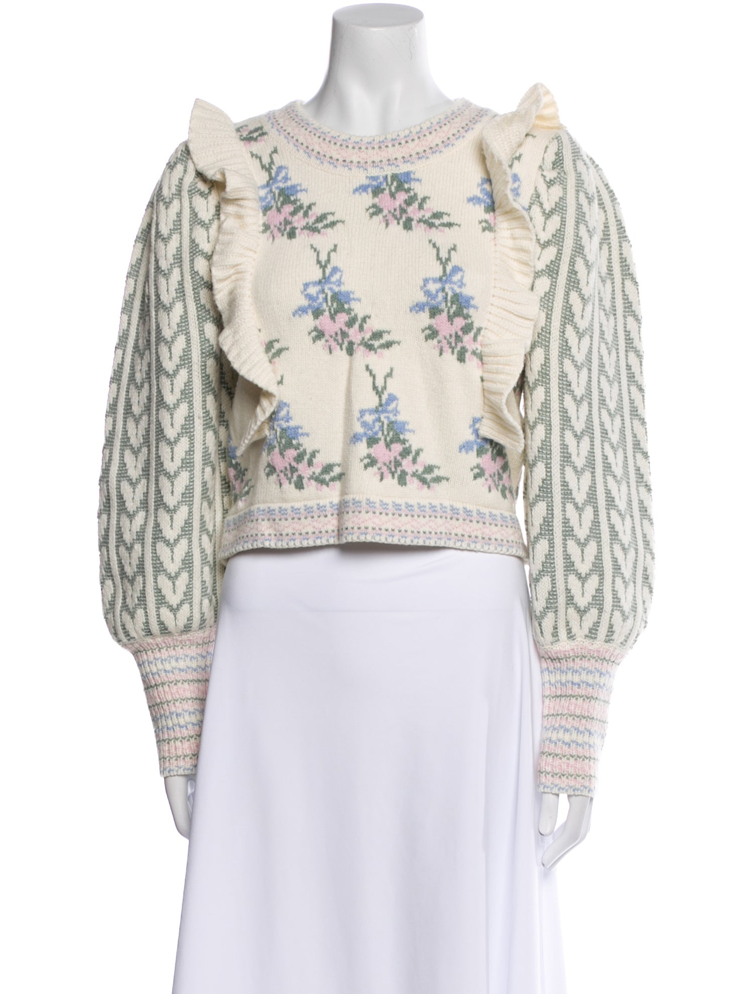 LoveShackFancy Floral Print Bateau Neckline Crop Top