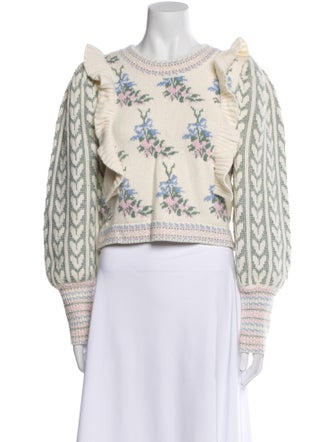 LoveShackFancy Floral Print Bateau Neckline Crop Top