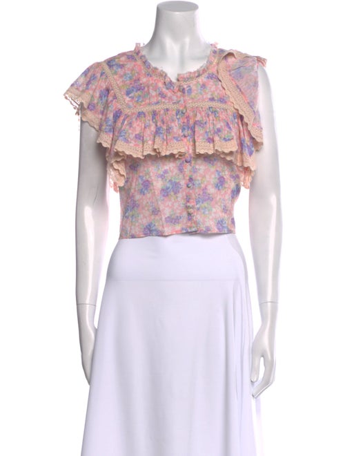 LoveShackFancy Floral Print Scoop Neck Crop Top