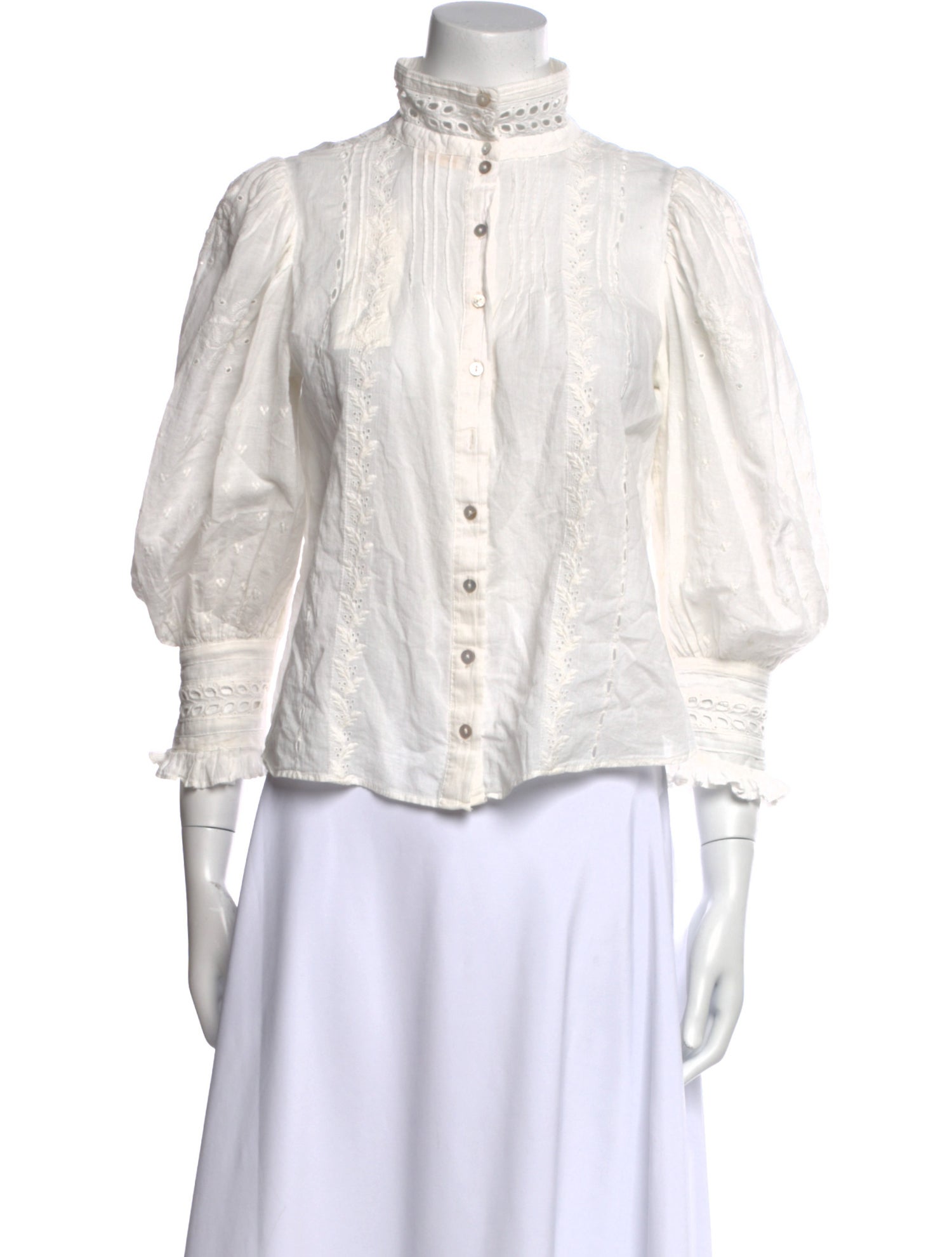 LoveShackFancy Mock Neck Three-Quarter Sleeve Button-Up Top