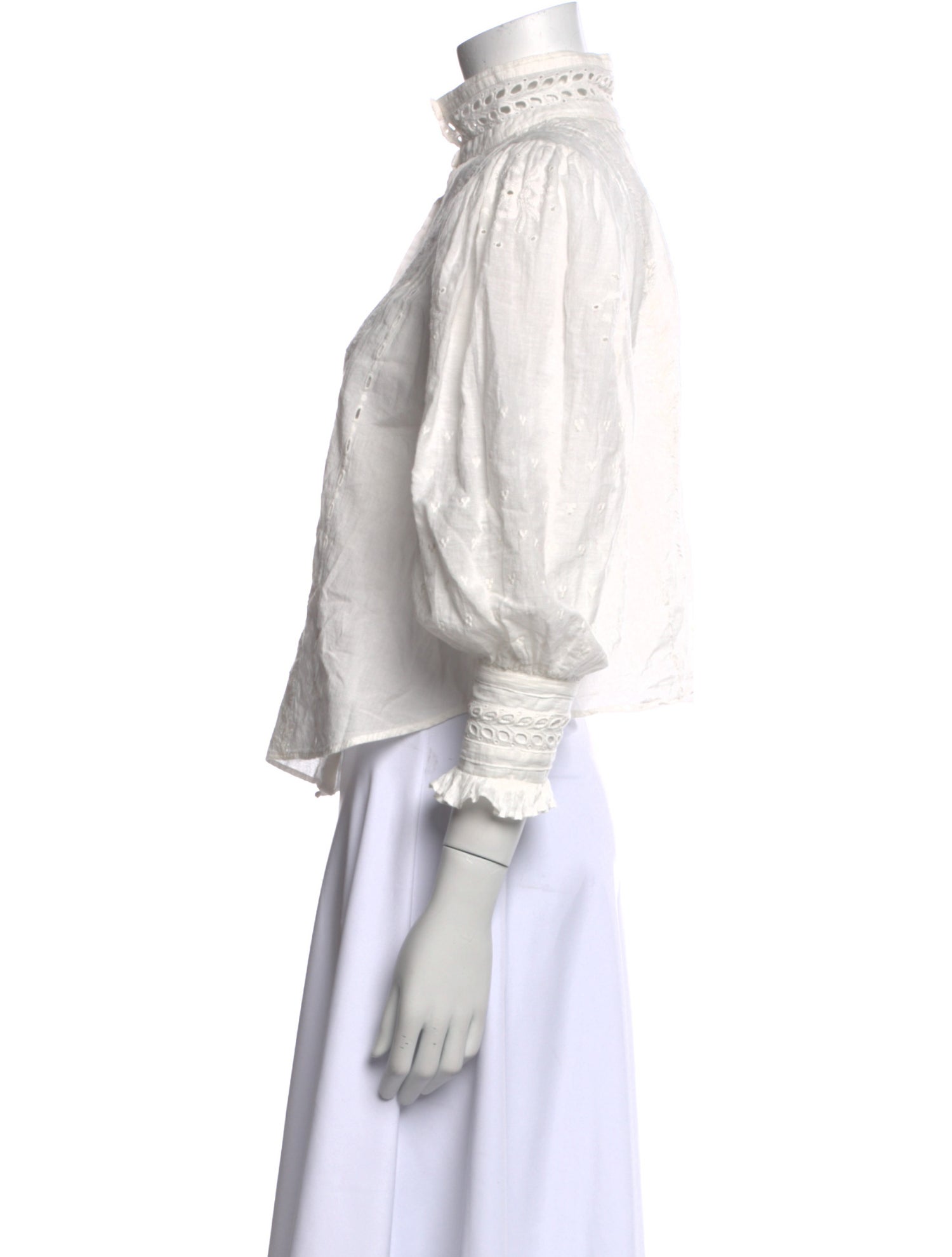 LoveShackFancy Mock Neck Three-Quarter Sleeve Button-Up Top