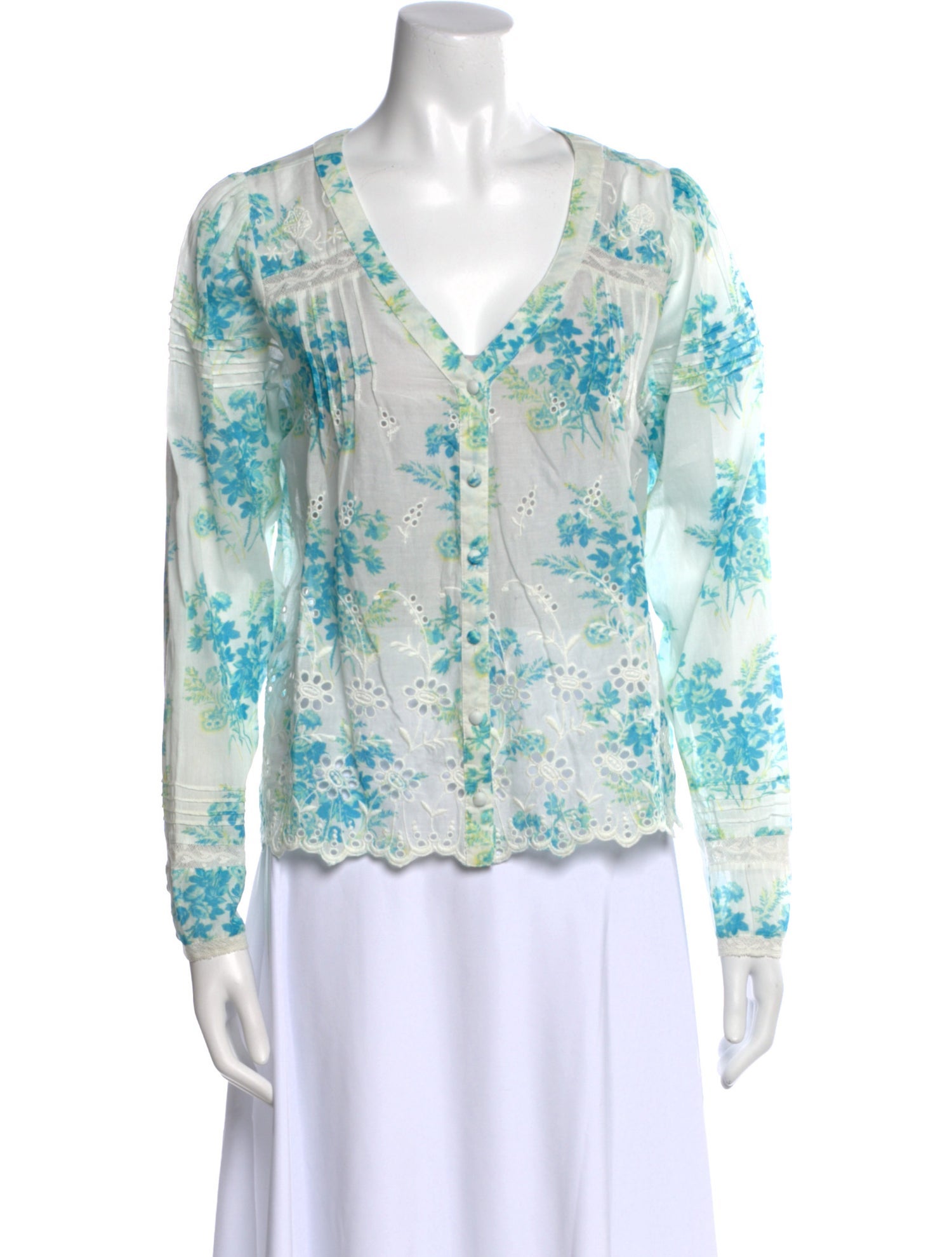 LoveShackFancy Floral Print V-Neck Blouse