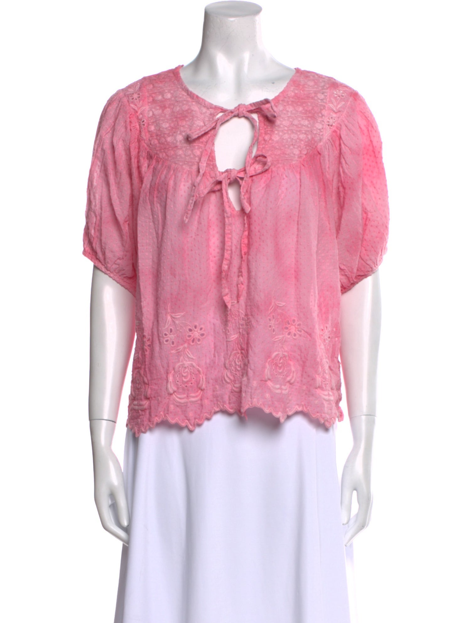 LoveShackFancy Tie Neck Short Sleeve Blouse