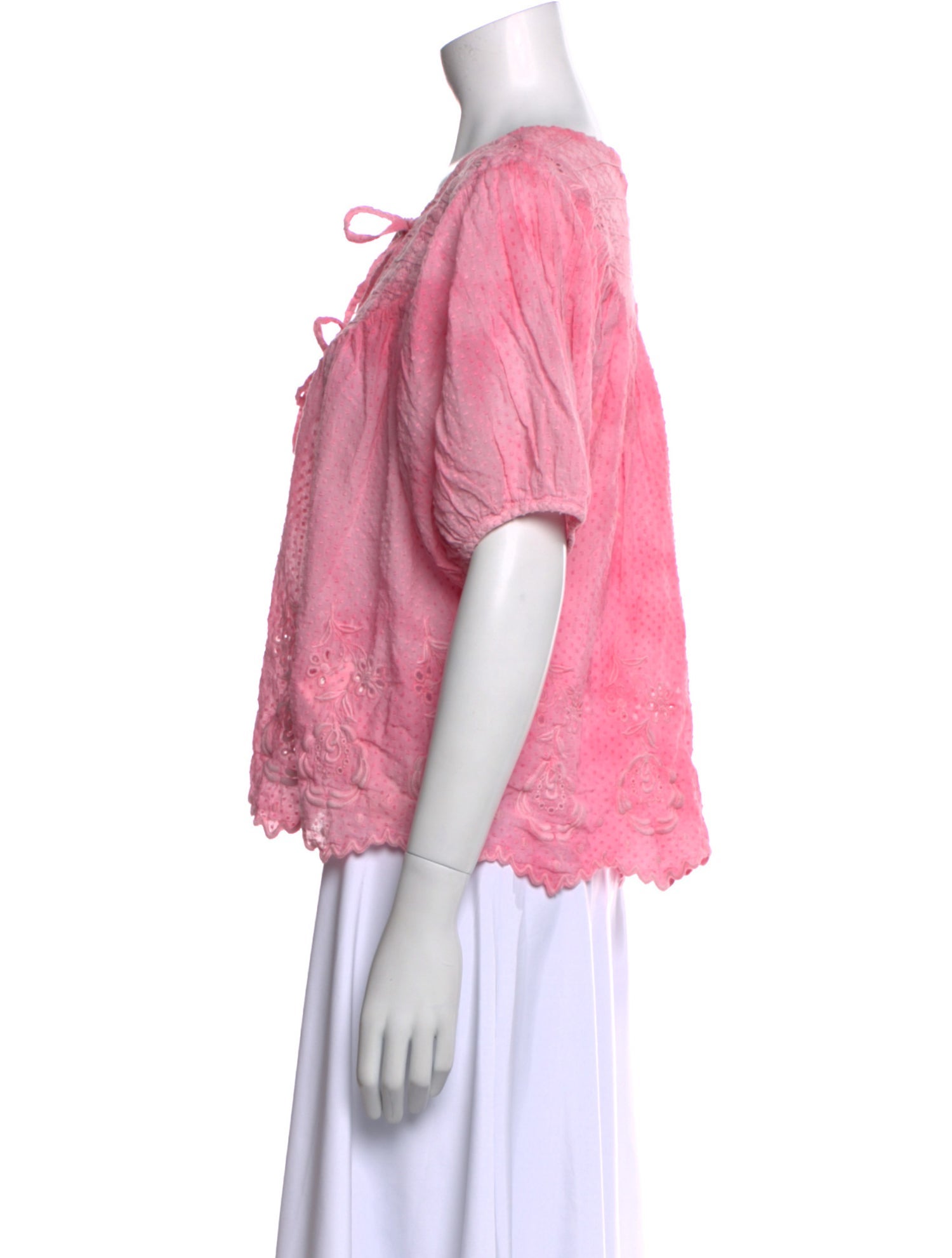 LoveShackFancy Tie Neck Short Sleeve Blouse