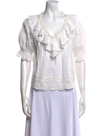 LoveShackFancy V-Neck Short Sleeve Blouse