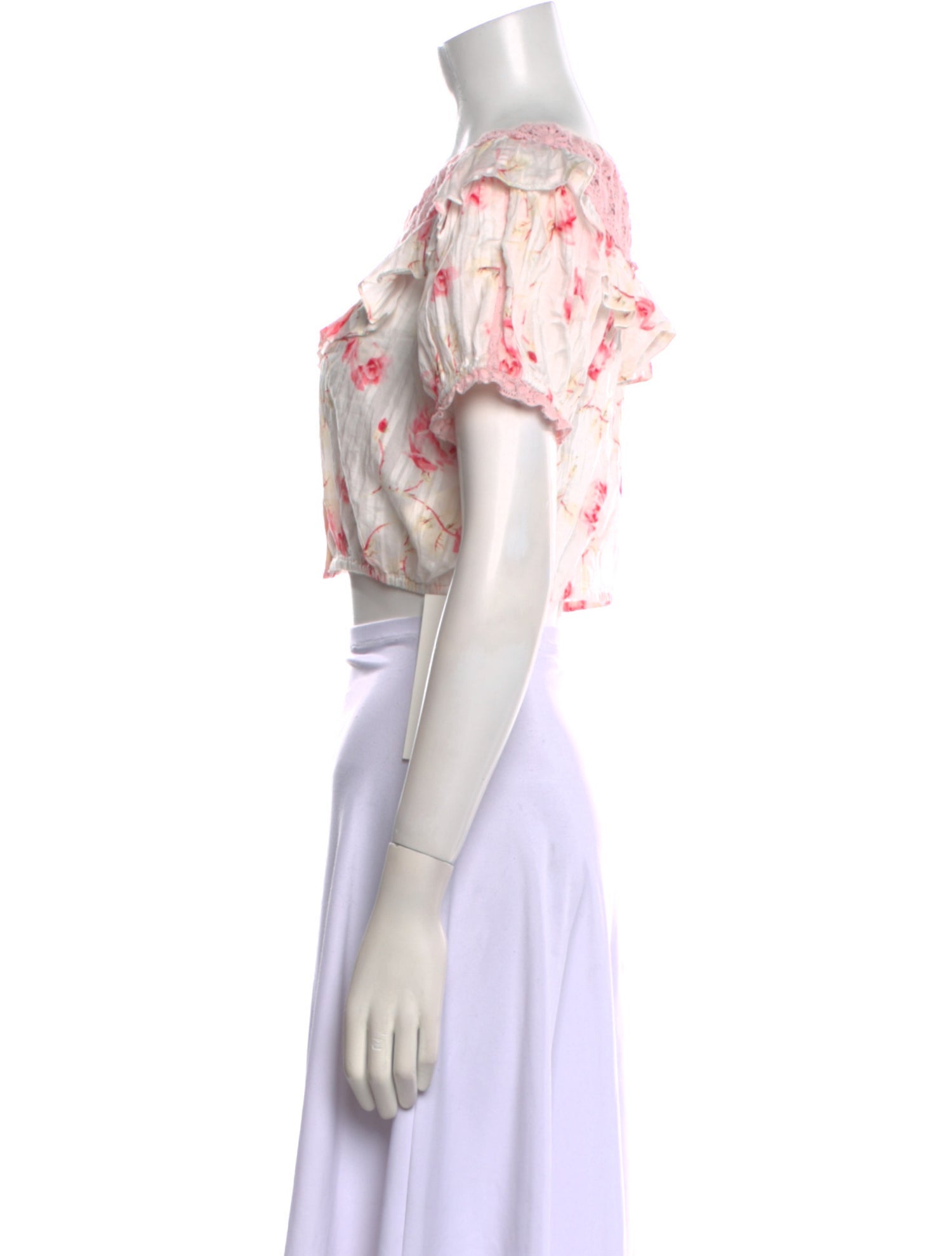 LoveShackFancy Floral Print Bateau Neckline Crop Top