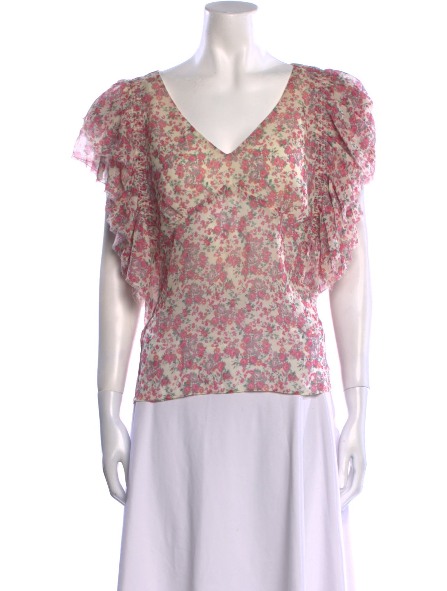 LoveShackFancy Floral Print V-Neck Blouse