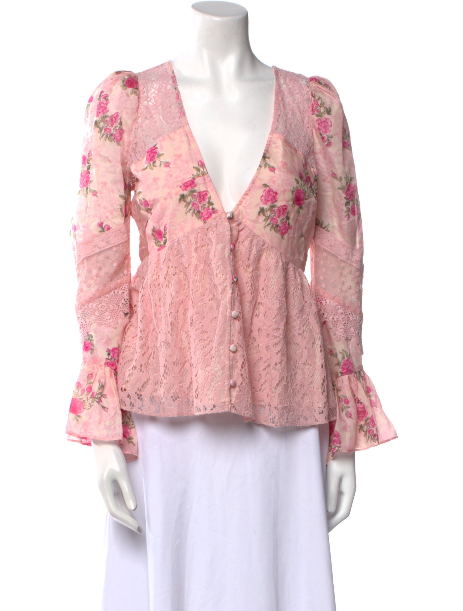 LoveShackFancy Floral Print V-Neck Blouse