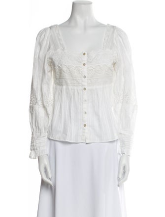 LoveShackFancy Square Neckline Three-Quarter Sleeve Button-Up Top
