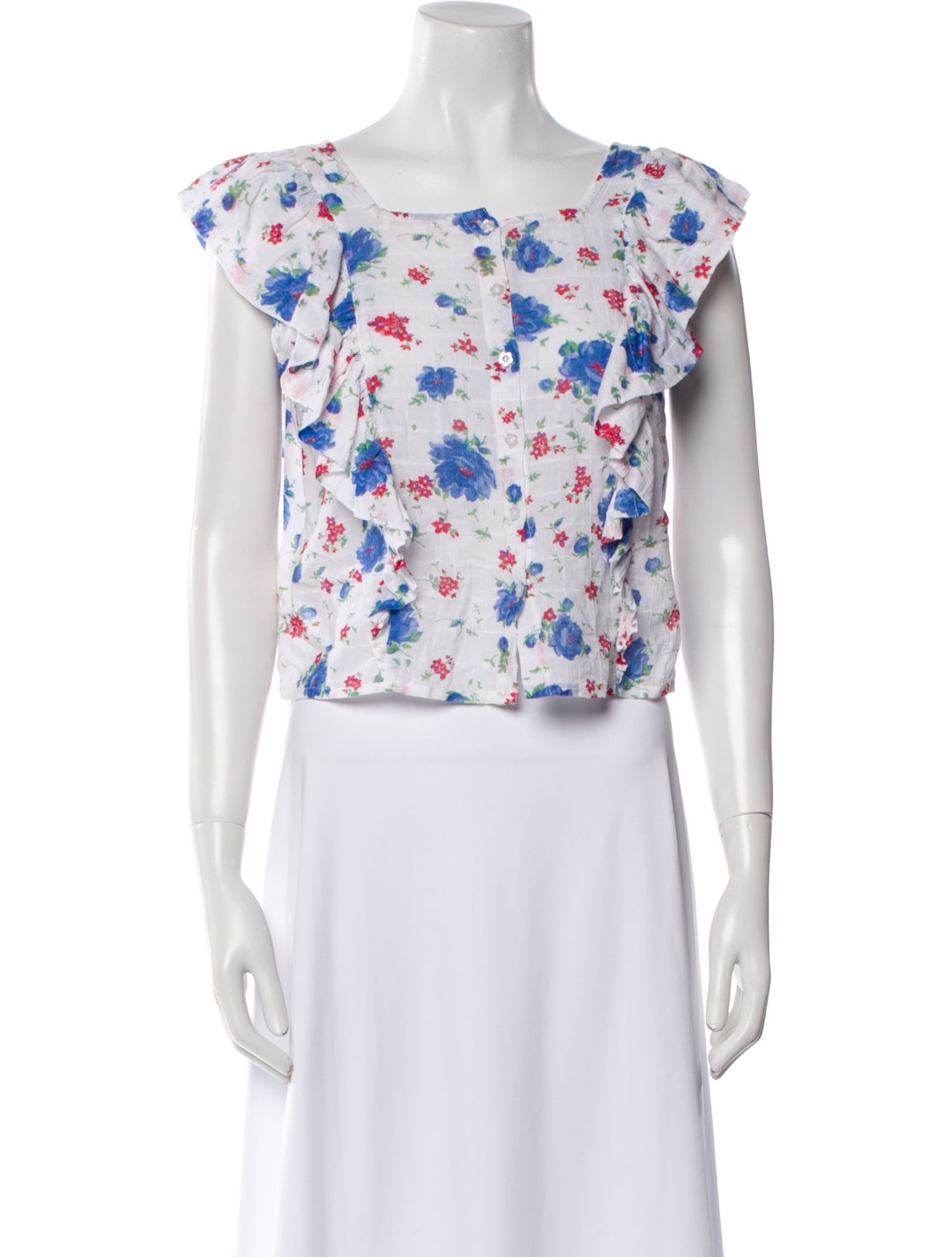 LoveShackFancy Floral Print Bateau Neckline Crop Top