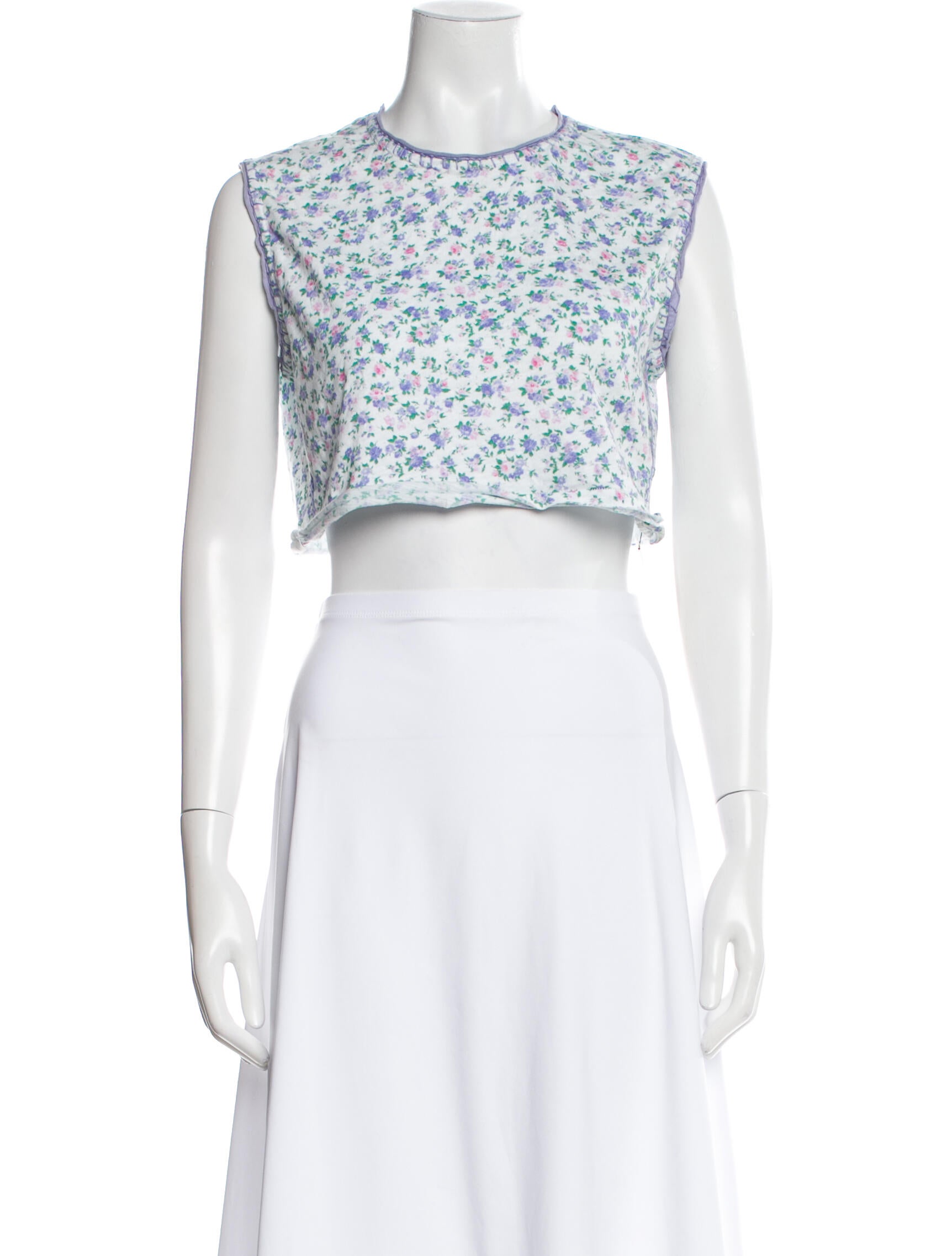 LoveShackFancy Floral Print Crew Neck Crop Top