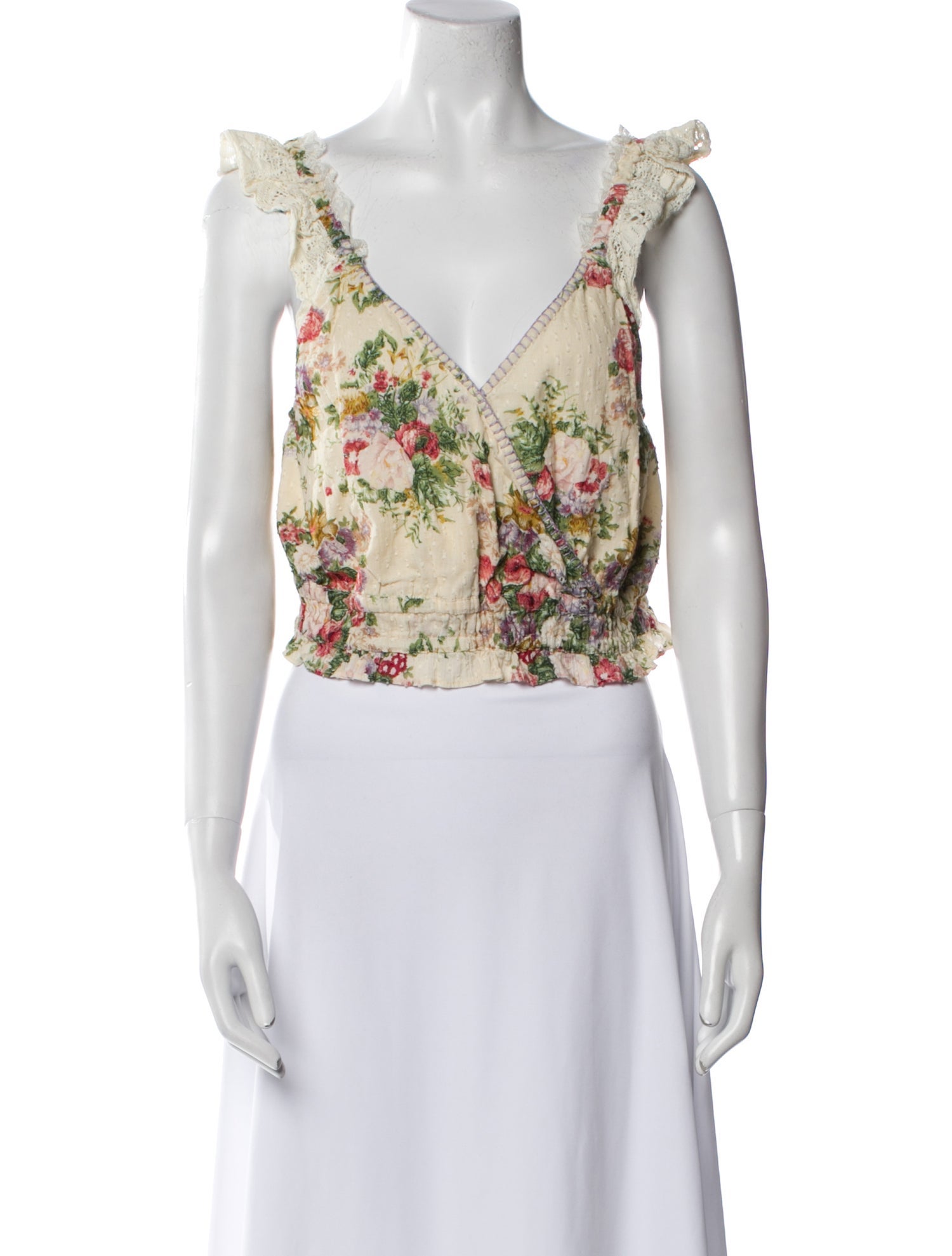 LoveShackFancy Floral Print V-Neck Crop Top