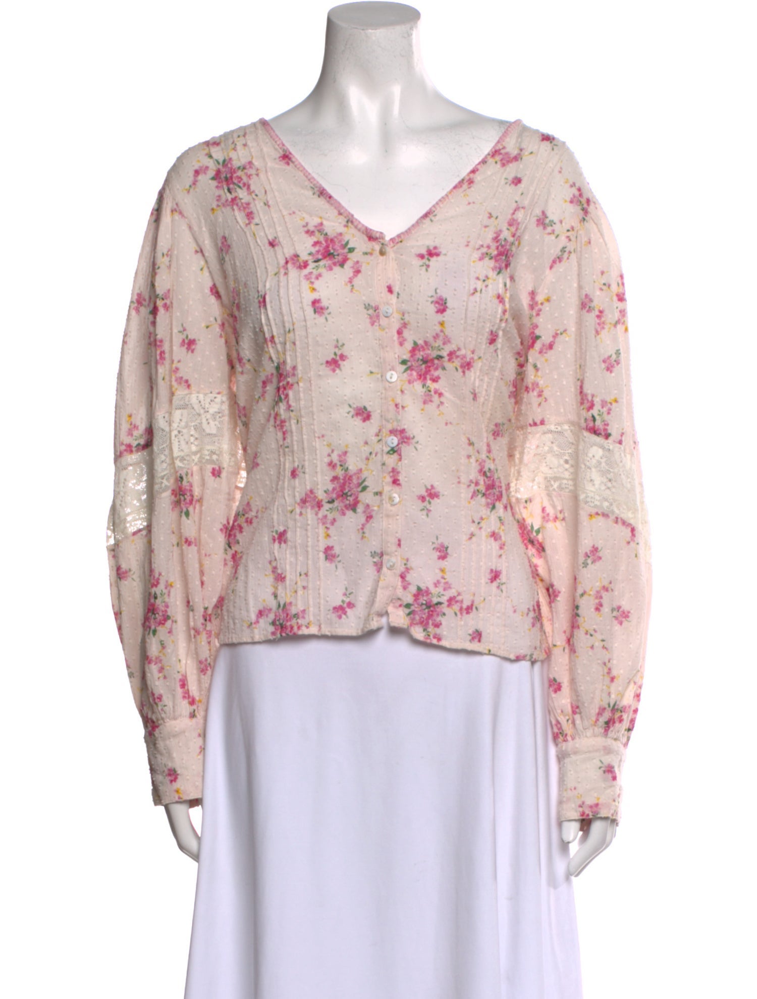 LoveShackFancy Floral Print V-Neck Blouse