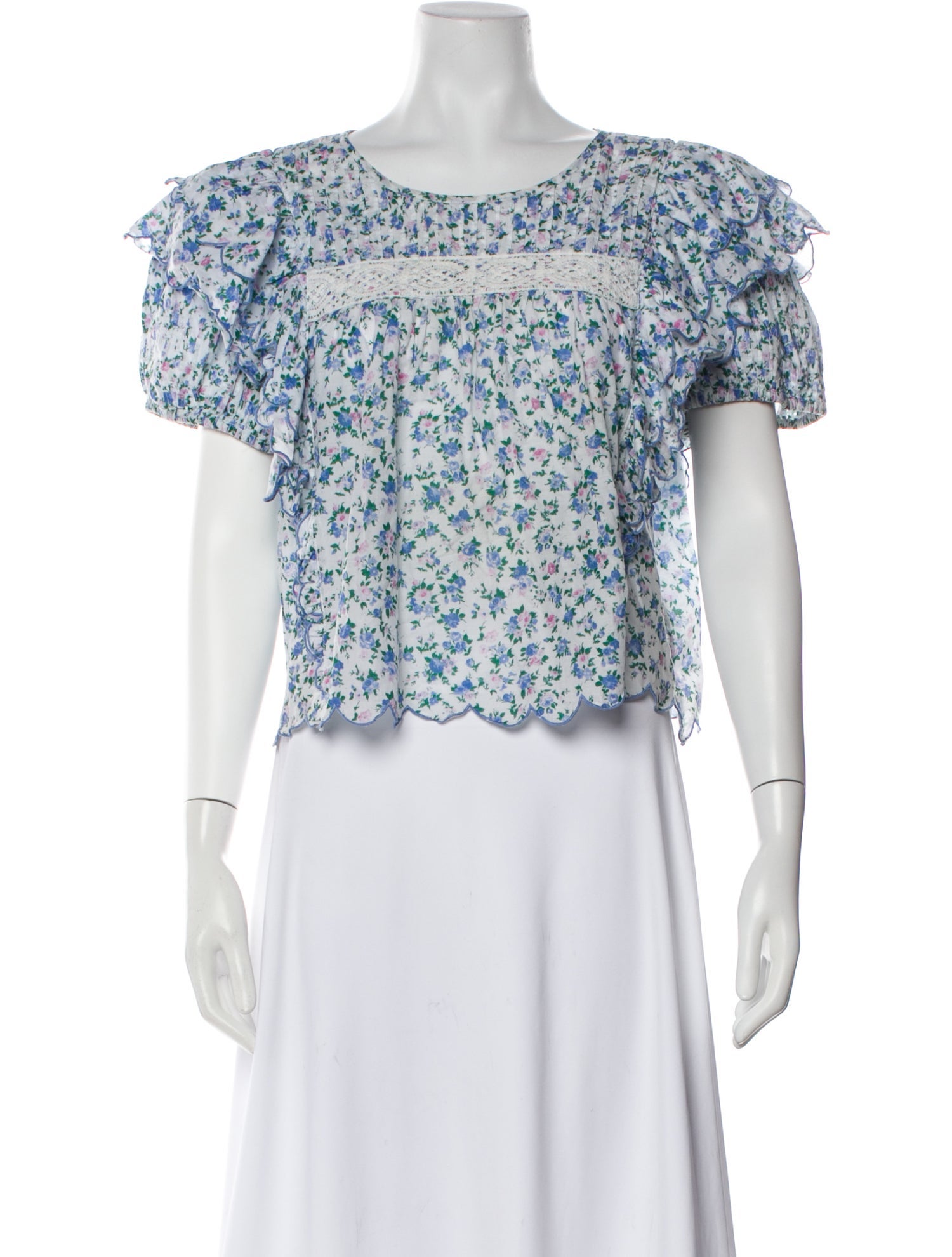 LoveShackFancy Floral Print Scoop Neck Crop Top