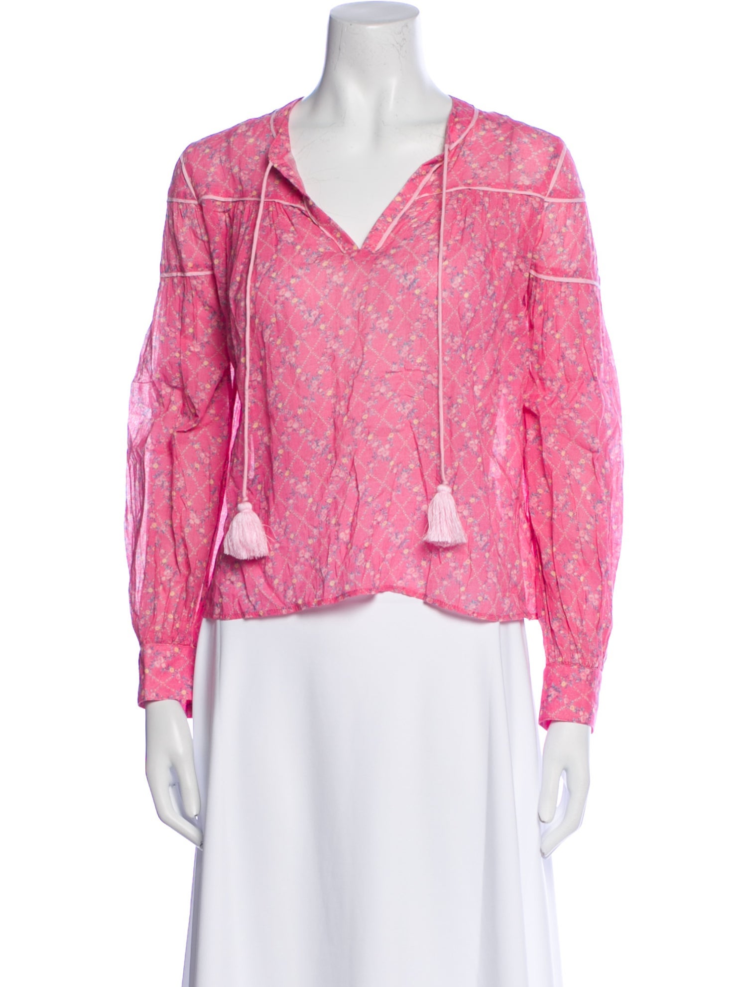 LoveShackFancy Floral Print V-Neck Blouse