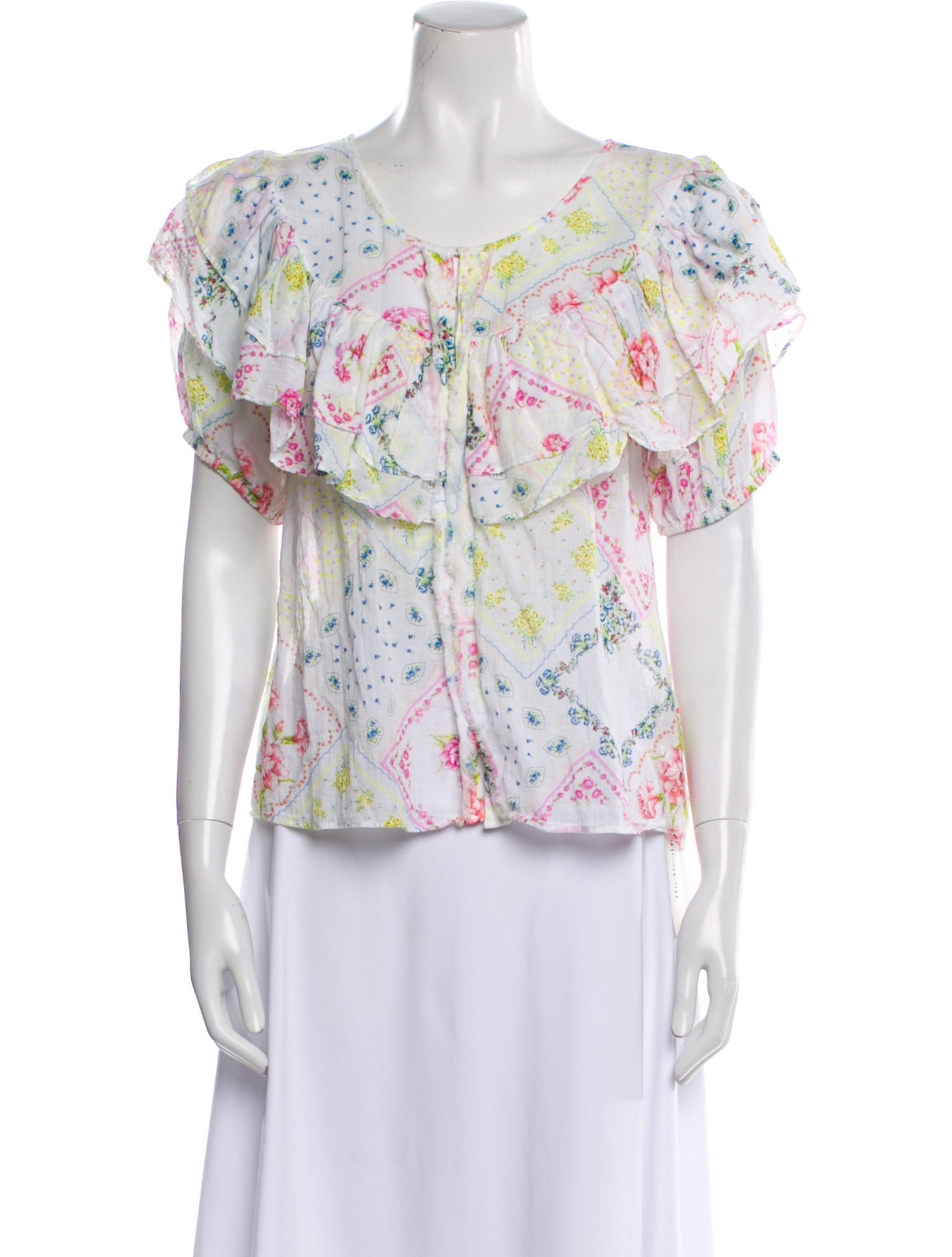 LoveShackFancy Floral Print Scoop Neck Blouse