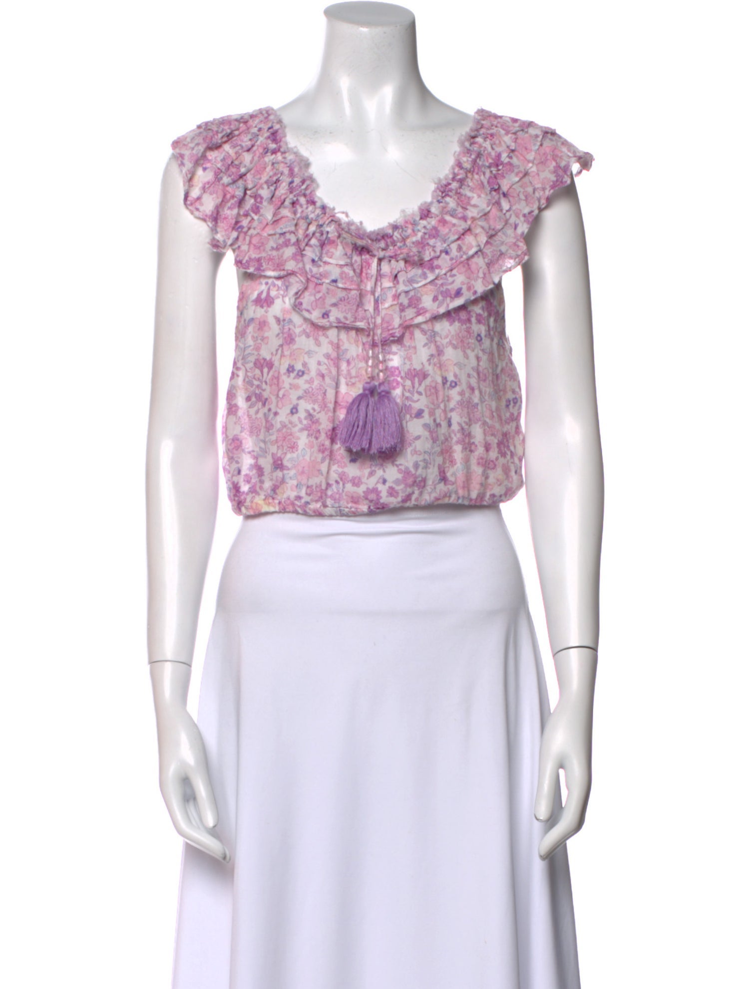 LoveShackFancy Floral Print Short Sleeve Crop Top