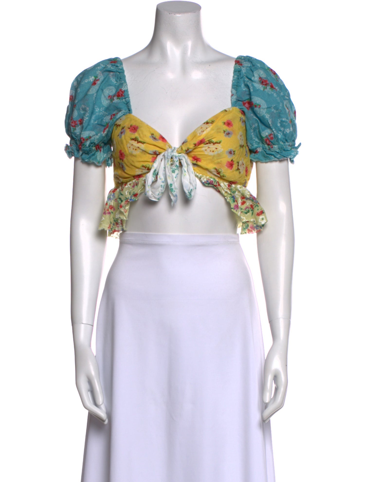 LoveShackFancy Floral Print V-Neck Crop Top