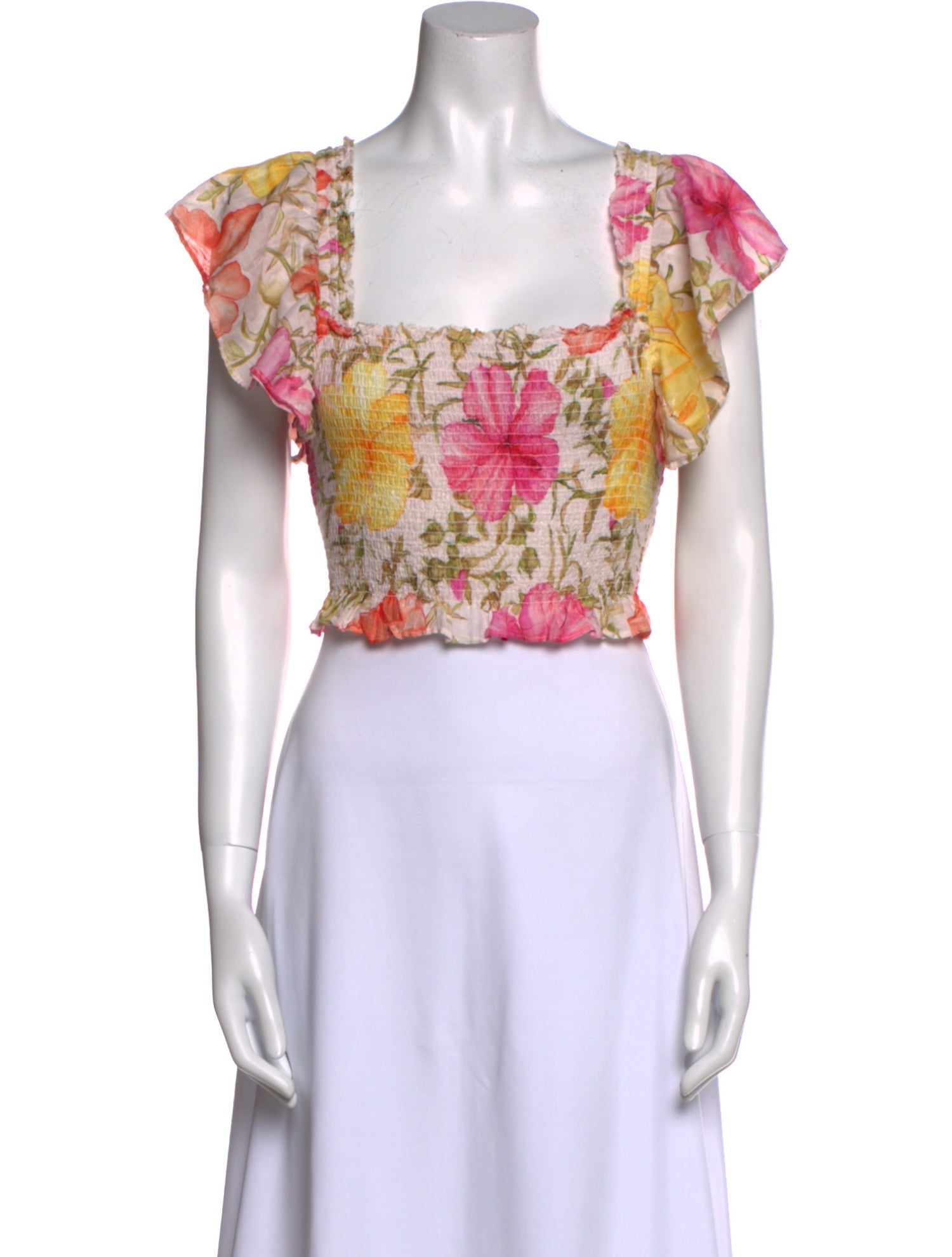LoveShackFancy Floral Print Square Neckline Crop Top