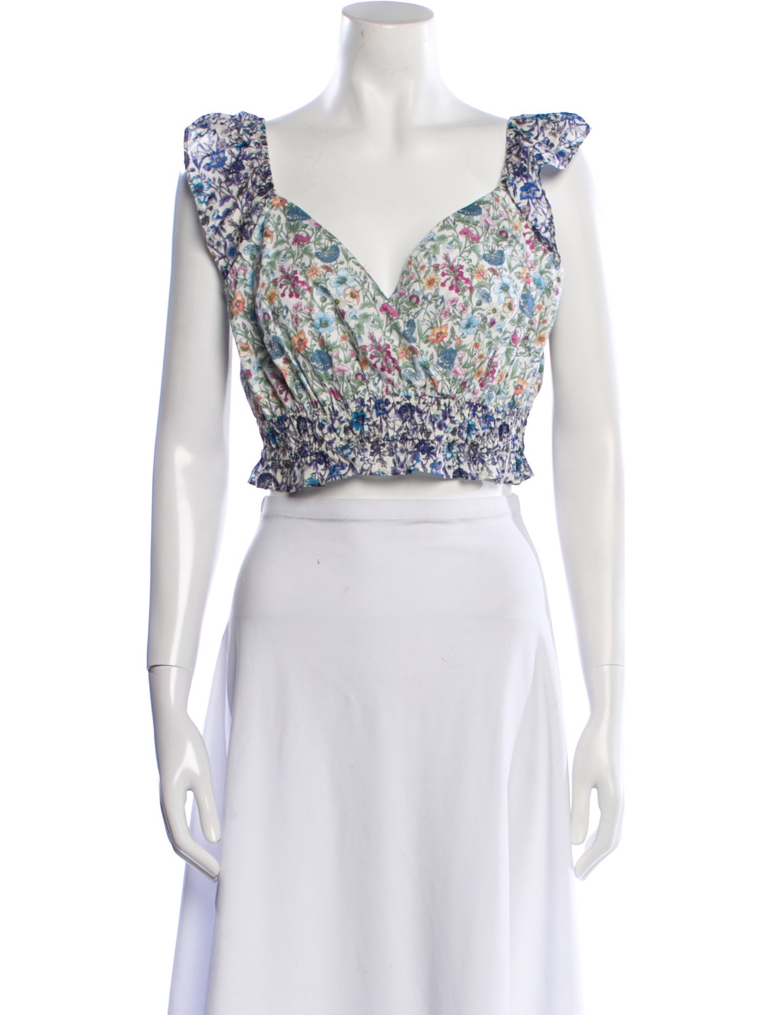 LoveShackFancy Floral Print V-Neck Crop Top