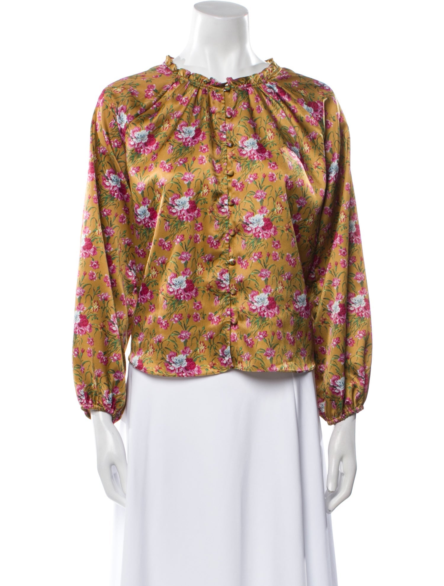LoveShackFancy Floral Print Mock Neck Blouse