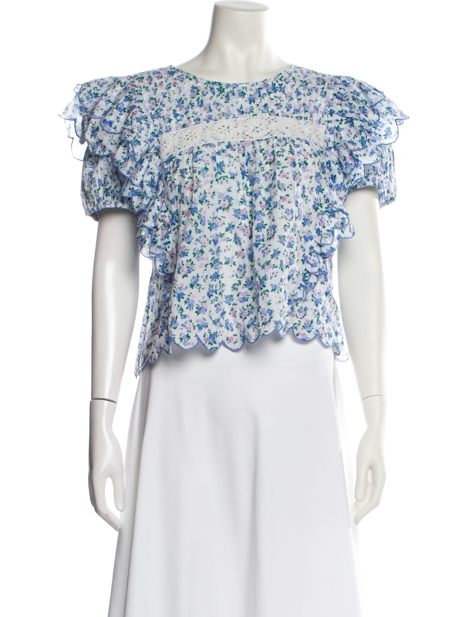 LoveShackFancy Floral Print Bateau Neckline Crop Top