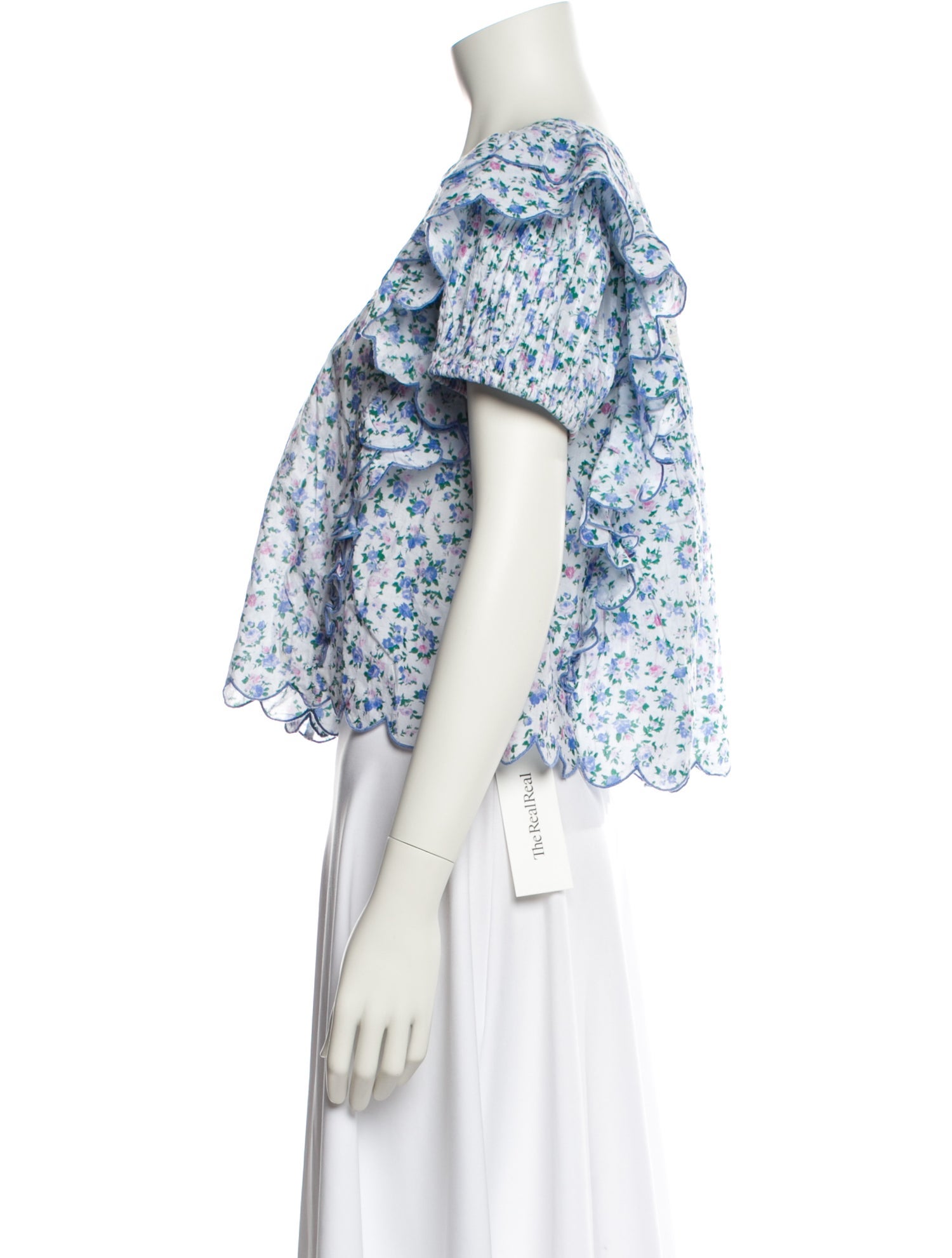 LoveShackFancy Floral Print Bateau Neckline Crop Top