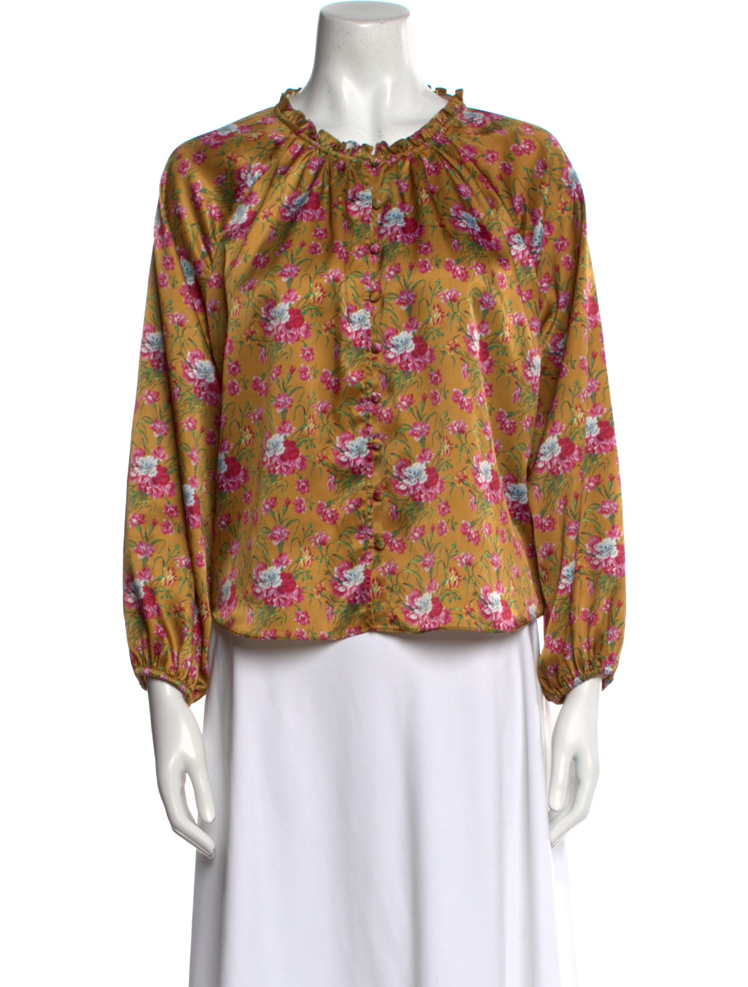 LoveShackFancy Floral Print Mock Neck Blouse
