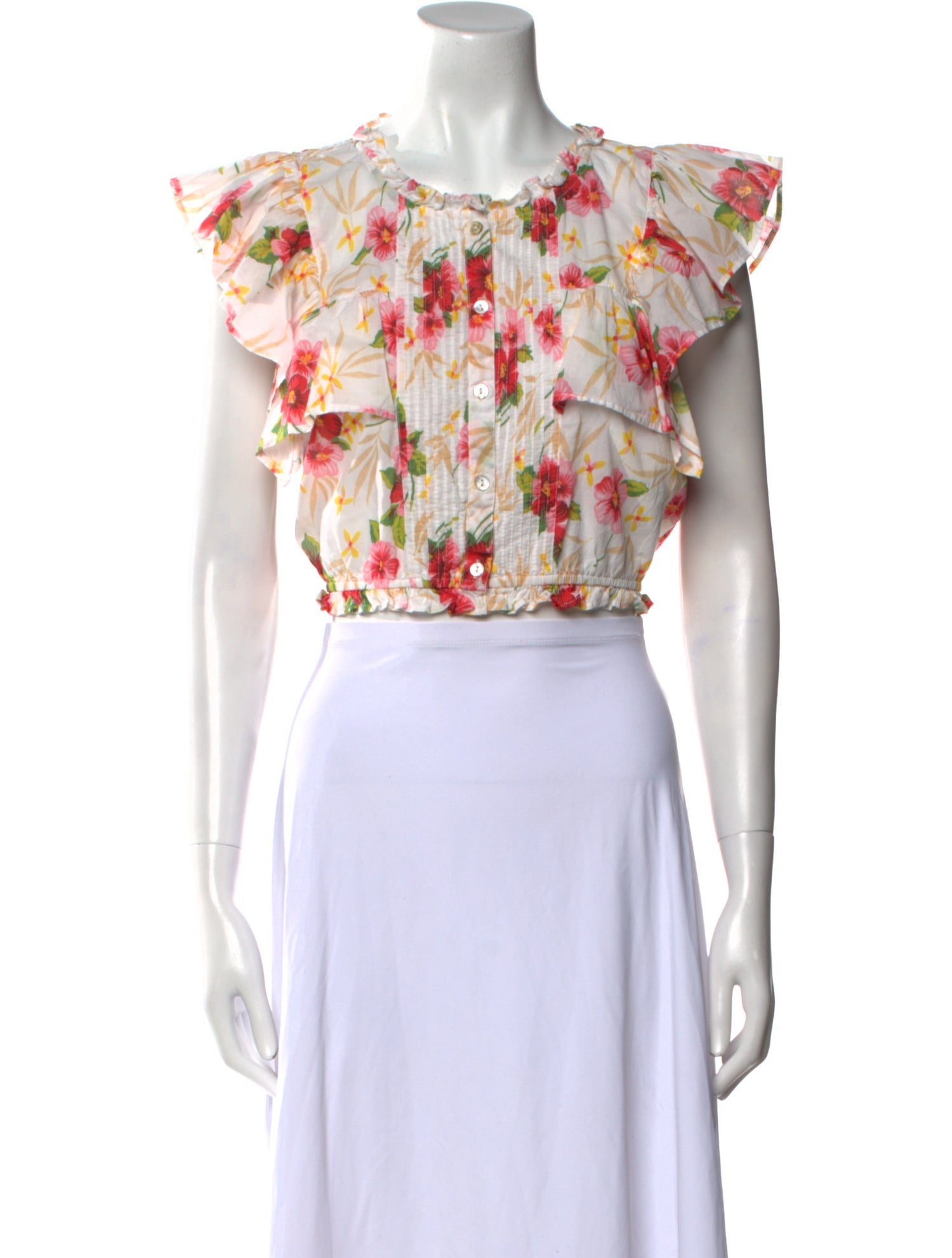 LoveShackFancy Floral Print Crew Neck Crop Top
