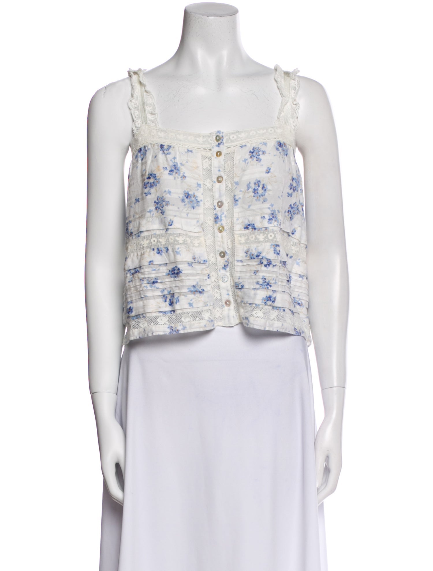 LoveShackFancy Floral Print Square Neckline Crop Top