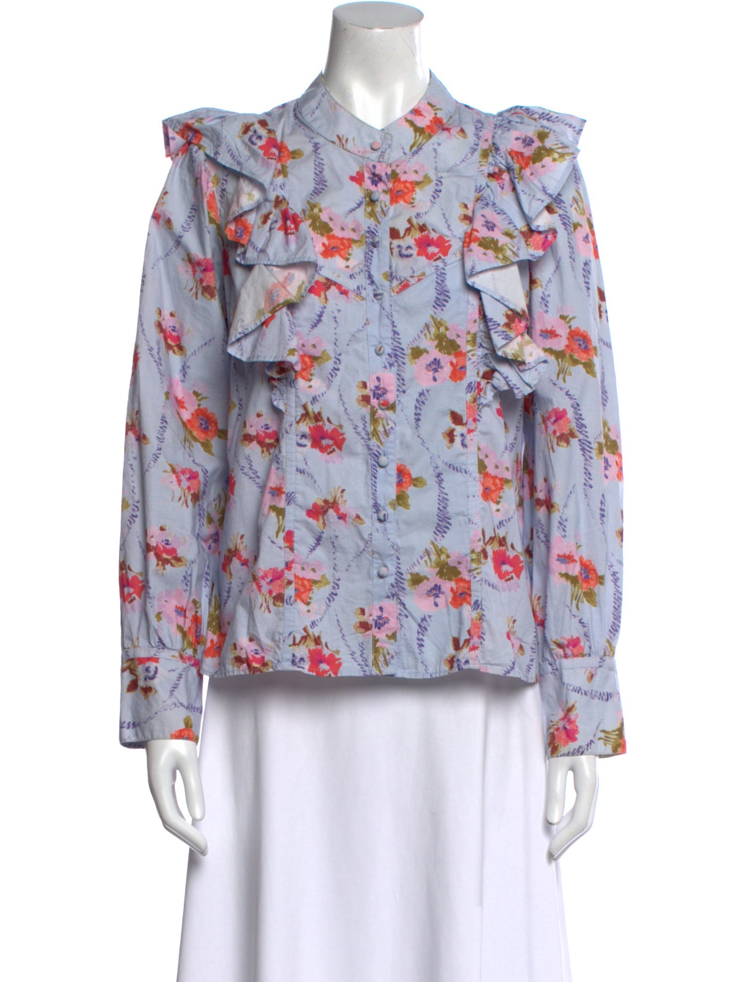 LoveShackFancy Floral Print Long Sleeve Button-Up Top