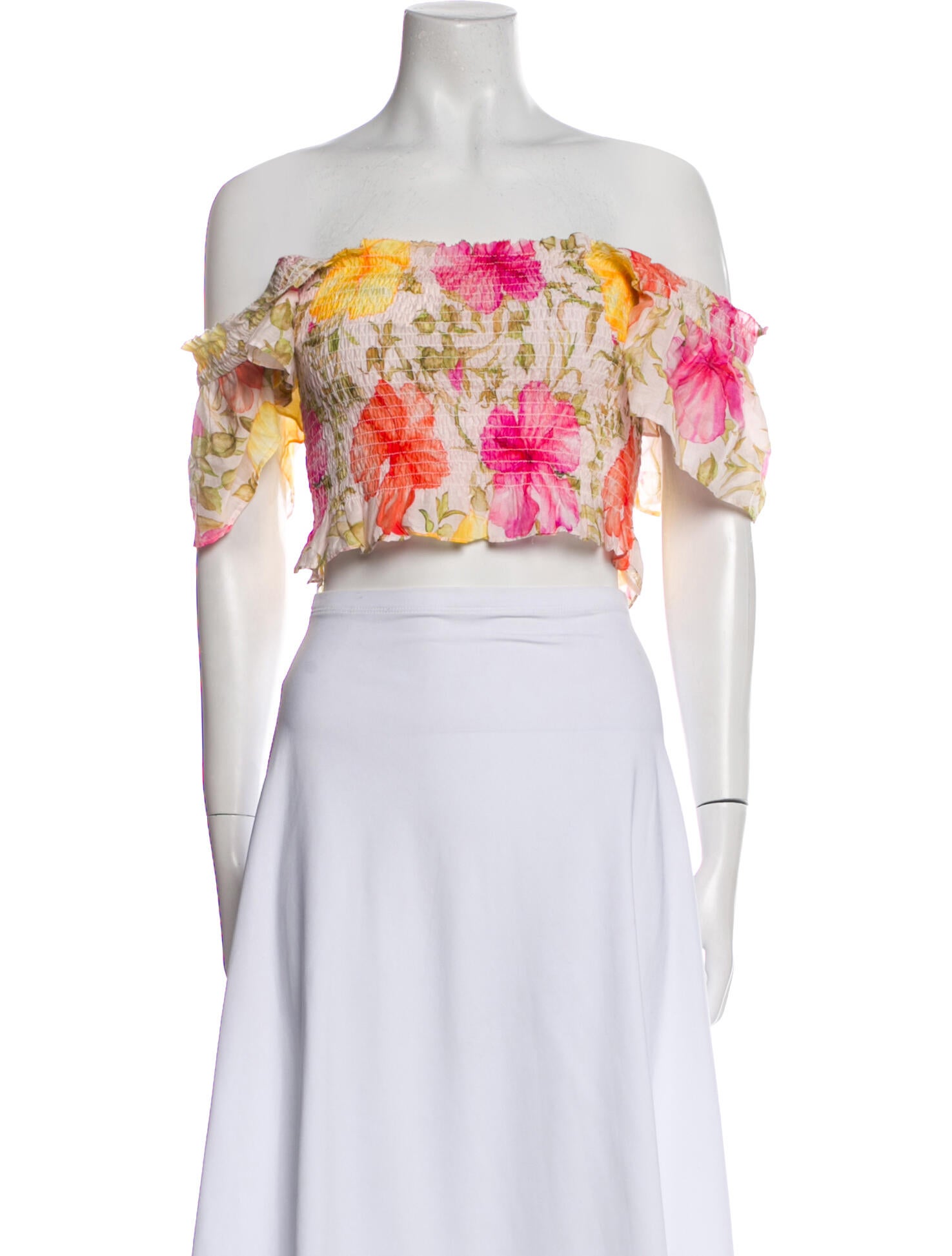 LoveShackFancy Floral Print Off-The-Shoulder Crop Top