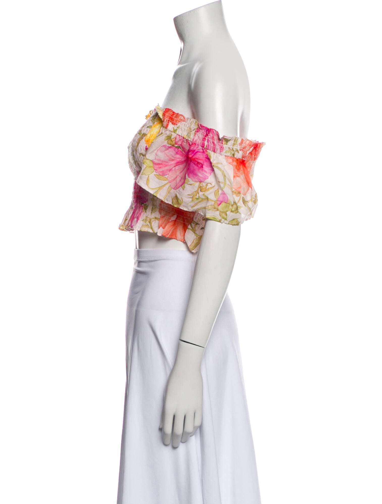 LoveShackFancy Floral Print Off-The-Shoulder Crop Top