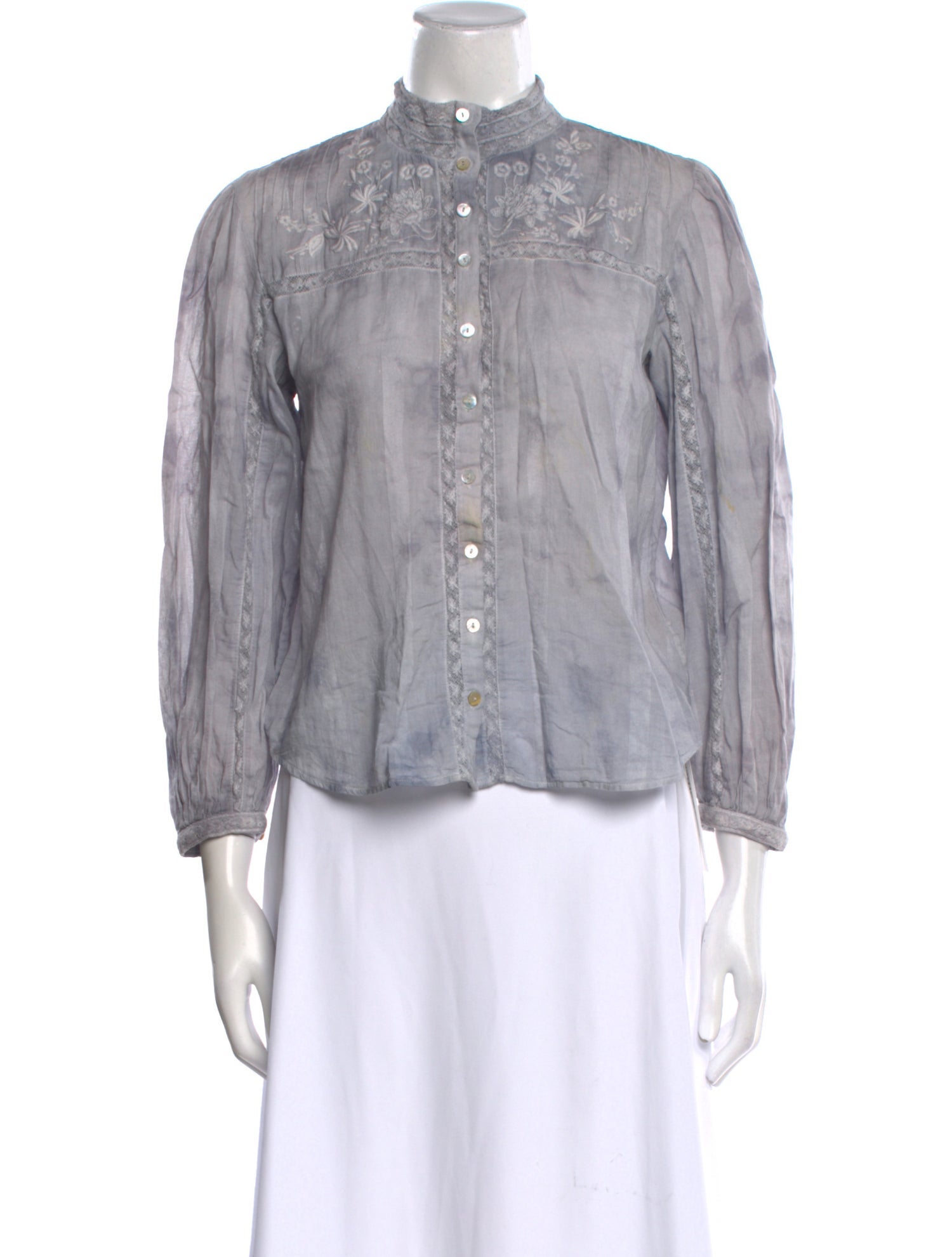 LoveShackFancy Mock Neck Three-Quarter Sleeve Button-Up Top