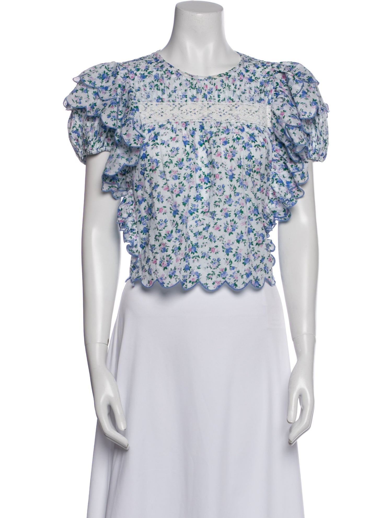 LoveShackFancy Floral Print Crew Neck Crop Top