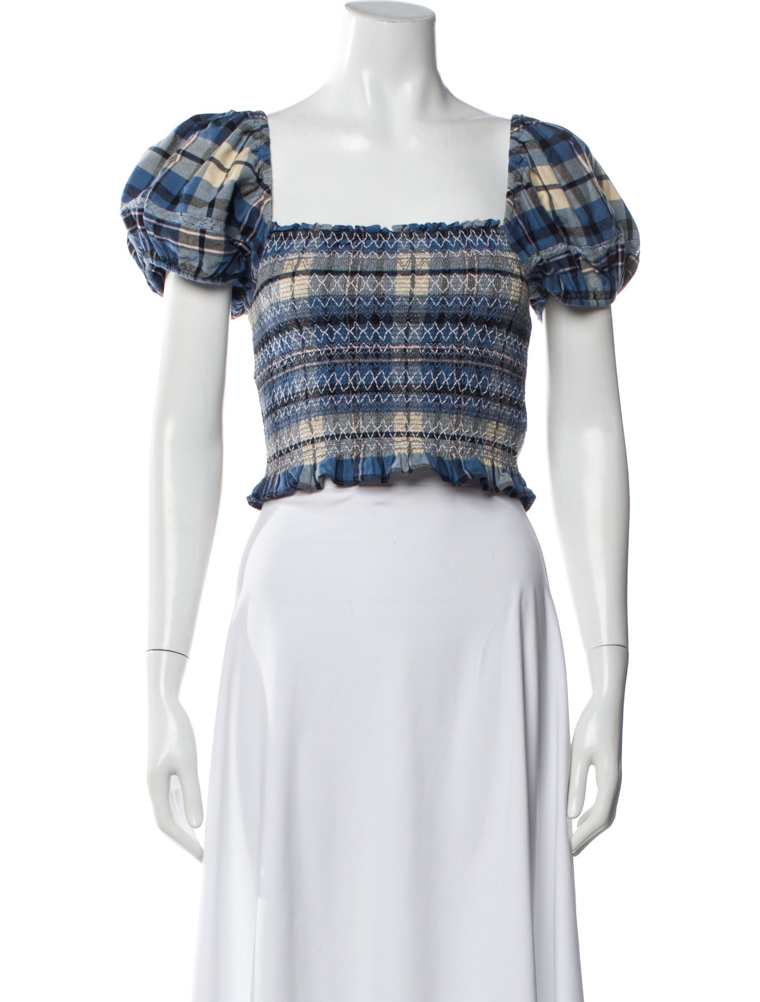 LoveShackFancy Plaid Print Square Neckline Crop Top
