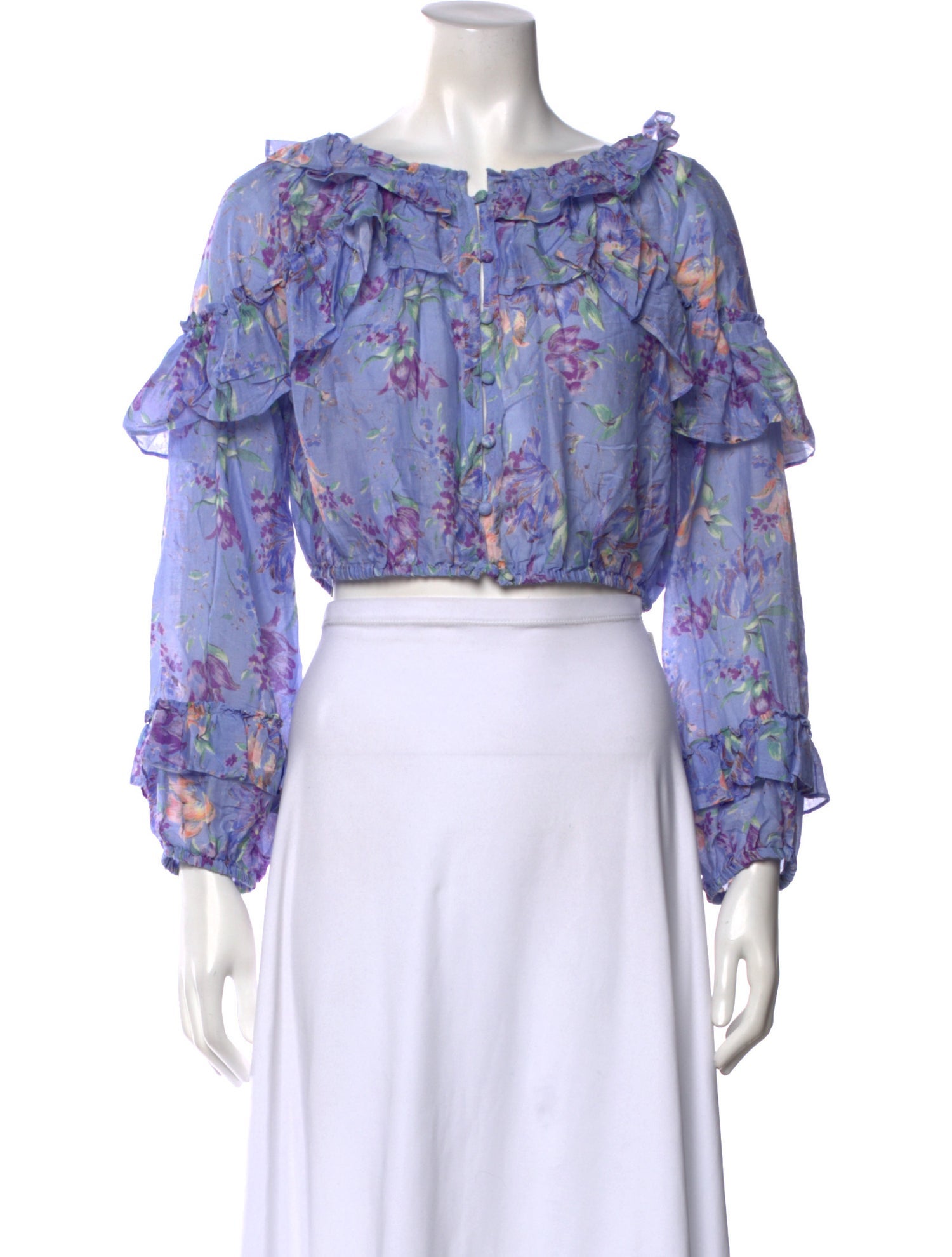 LoveShackFancy Floral Print Off-The-Shoulder Crop Top