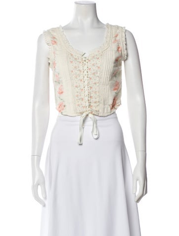 Pre-owned Loveshackfancy Floral Print Scoop Neck Top In White