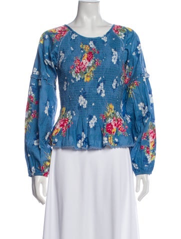 Pre-owned Loveshackfancy Floral Print Crew Neck Blouse In Blue