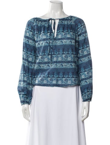 Pre-owned Loveshackfancy Floral Print Tie Neck Blouse In Blue