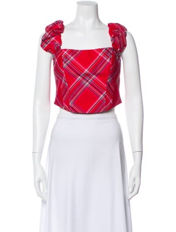 Pre-owned Loveshackfancy Plaid Print Square Neckline Crop Top In Multi