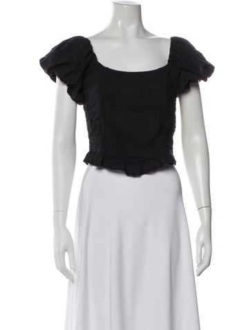 Pre-owned Loveshackfancy Square Neckline Short Sleeve Blouse In Black