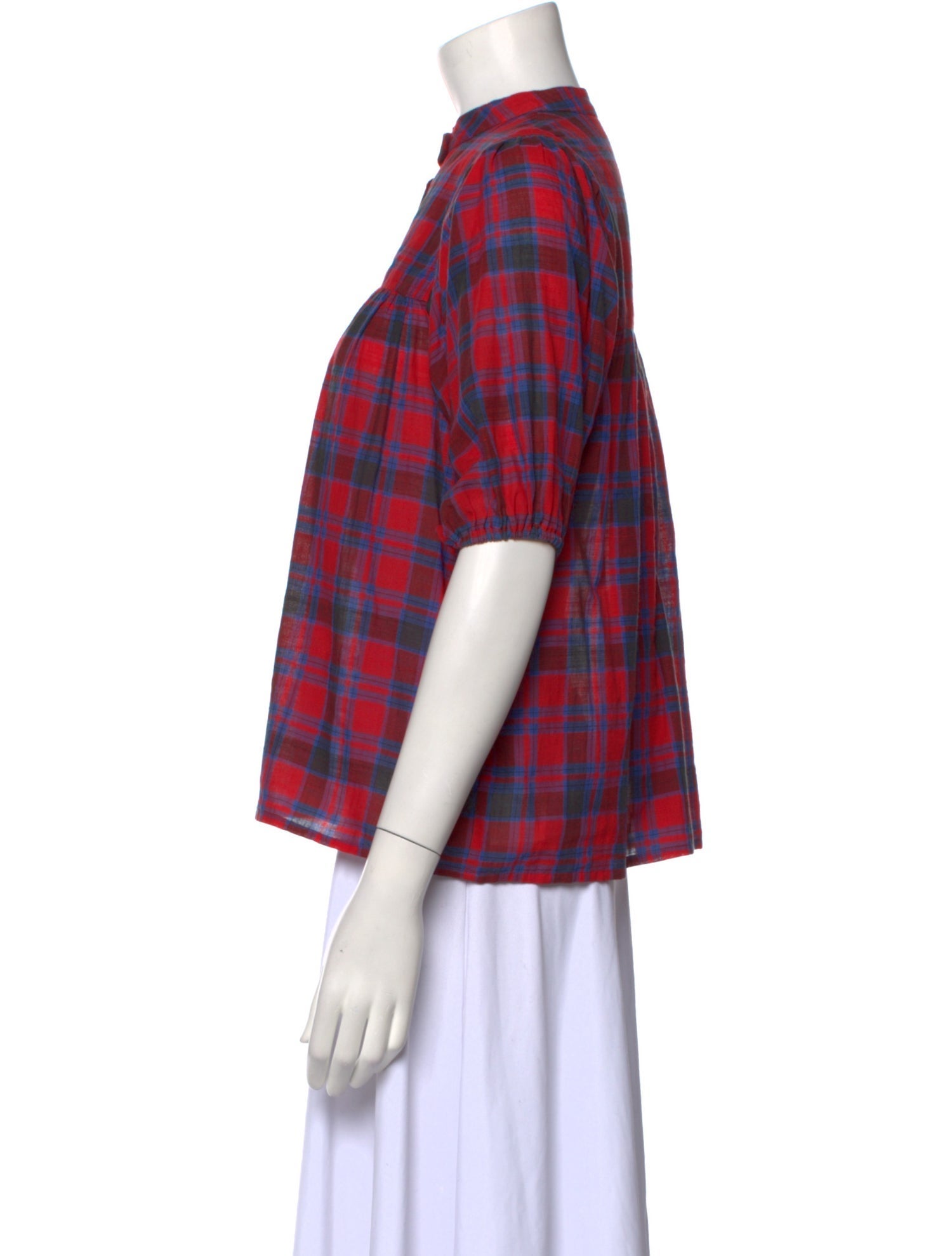 Loup Plaid Print Mock Neck Button-Up Top