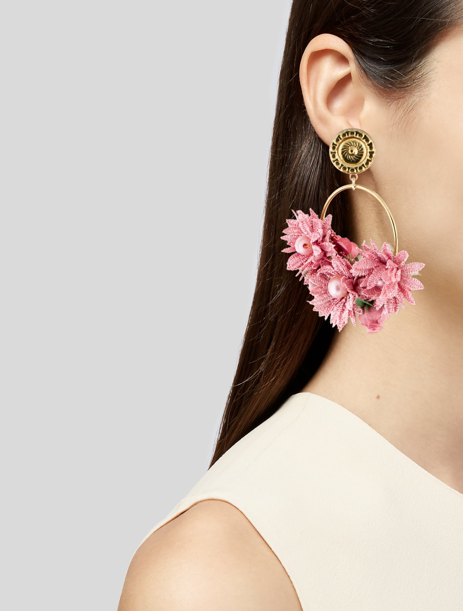 LOVA by VL Faux Pearl & Fabric Flowers Hoop Earrings