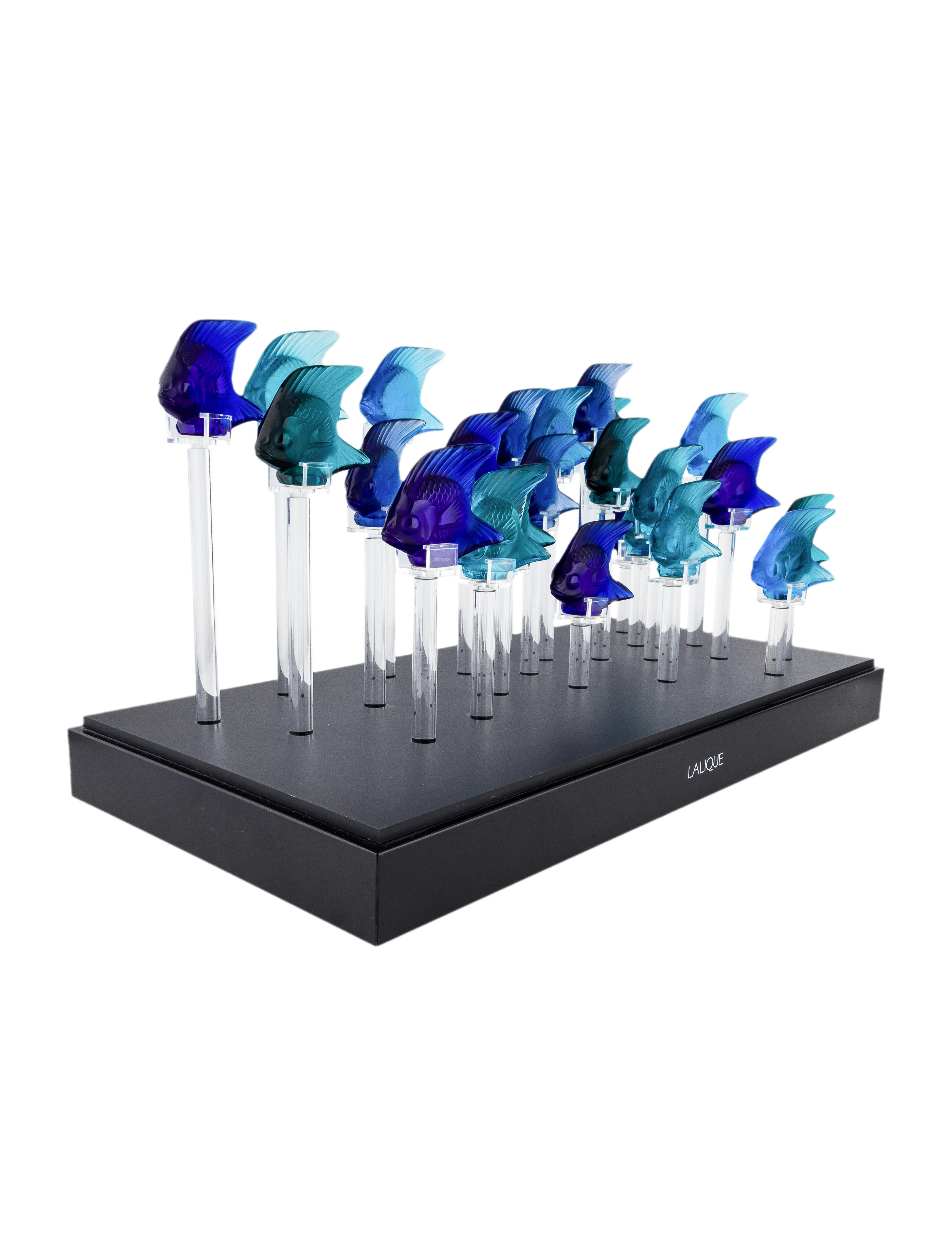 Lalique Crystal Fish Sculptures & Tank Display Case - Blue